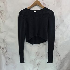 Cabi Sweater Womens Small Black Cropped Ribbed Prep Pullover Cotton Lightweight